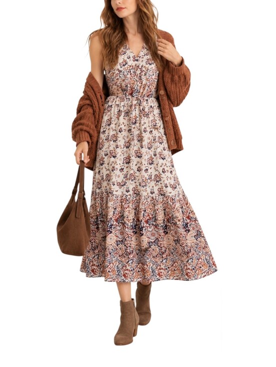 Lucky Brand Dresses & Skirts - Lucky 2X Floral Border Print Cotton Maxi WesternBoho V Neck Drawstring Coastal